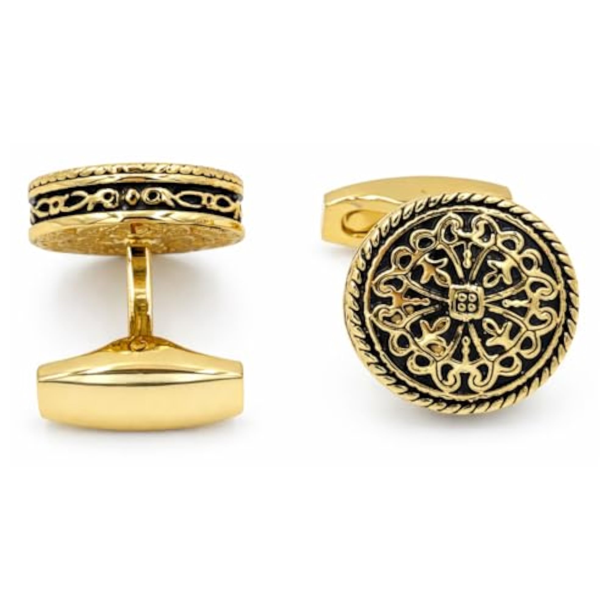 Round Gold-Tone Cufflinks, Antique Filigree Cross Design